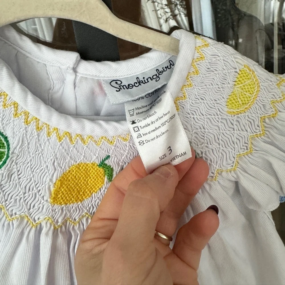 Smockingbird lemons smocked dress top embroidered ruffles toddler girl limes